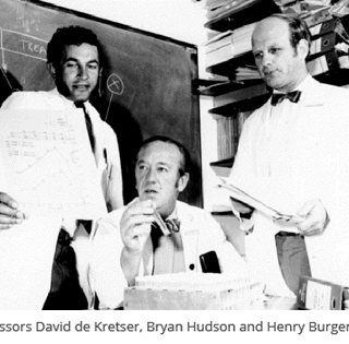 Historic black and white image of Profs de Kretser, Hudson and Burger