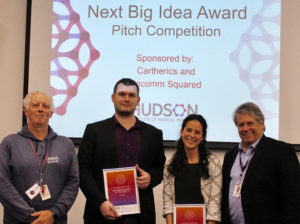 Next Big Idea Award 2017 winners, L-R: Dr Andy Gearing from Biocomm Squared, runner-up - Mr Stuart Emmerson, winner - Ms Charlotte Nejad and Professor Alan Trounson from Cartherics.