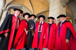 From left: Associate Professor Peter Greenberg (Brownless Medallist), Professor Kathryn North (Hon DMedSc), Professor Shitij Kapur, Emeritus Professor Henry Burger (Hon DMedSc), Professor Kate Leslie (Hon DMedSc), Professor James Bishop (Hon DMedSc).