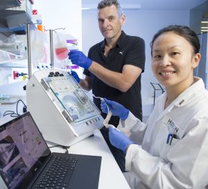 Stephen Willson, COO Scinogy and Dr Rebecca Lim  working on a world-leading Melbourne innovation which is changing the way cell therapies are manufactured to treat diseases.