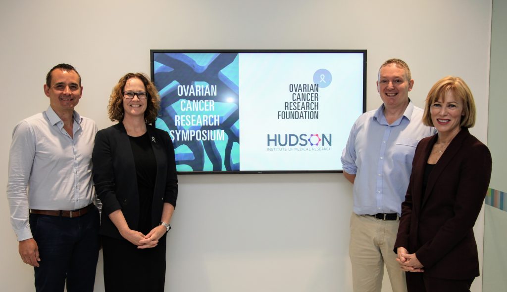 Dr Simon Chu, Professor Elizabeth Hartland, Dr Andrew Stephens, CEO Lucinda Nolan - Ovarian Cancer Research Symposium.