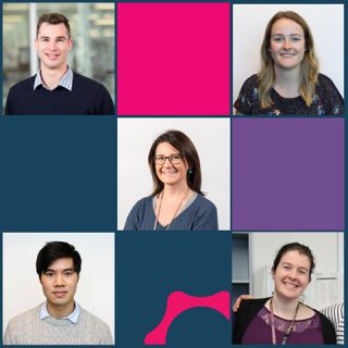 Three minute thesis winners Ben Amberg, Ellen Jarred, Penny Whiley, Quinton Luong, Madeleine Wemyss highlighted in a cubic image