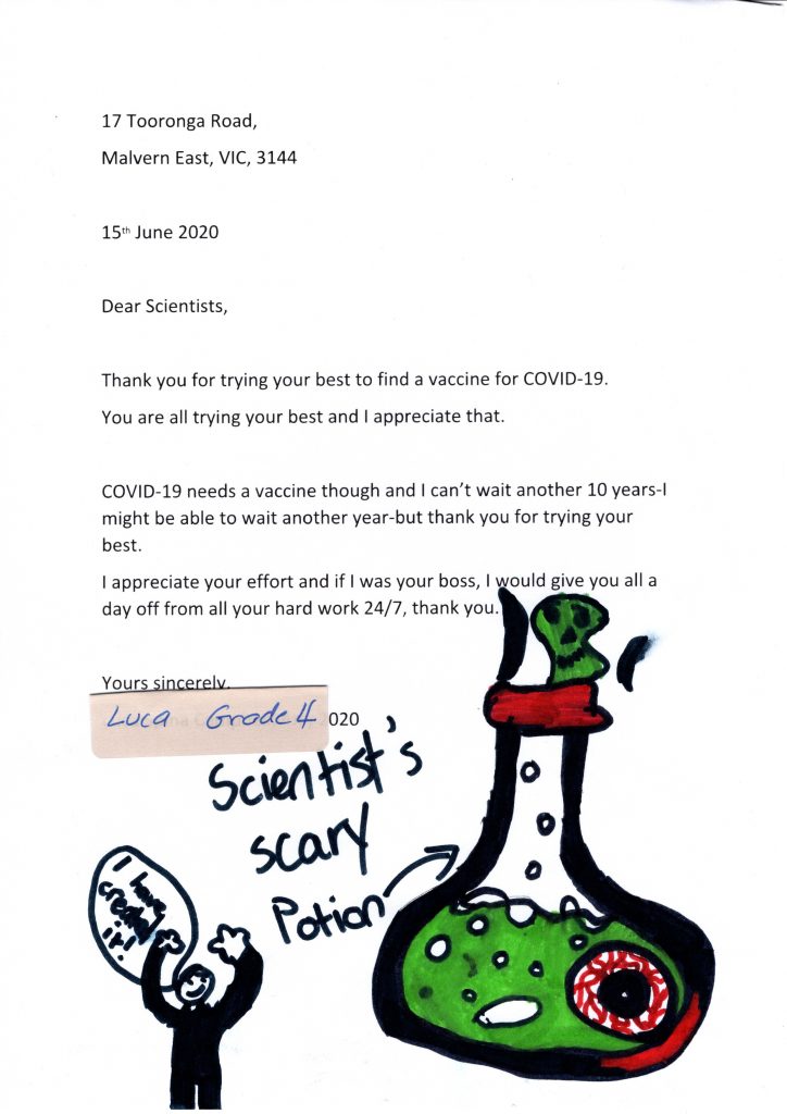 Thank you letter, Gratitude Project from primary school student thanking scientist during Covid-19