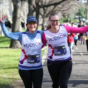Penny Whiley and Ellen Menkhorst taking part in 2019 Run Melbourne as an example of our healthy workplaces