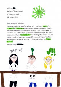 Thank you letter, Gratitude Project from primary school student thanking scientist during Covid-19