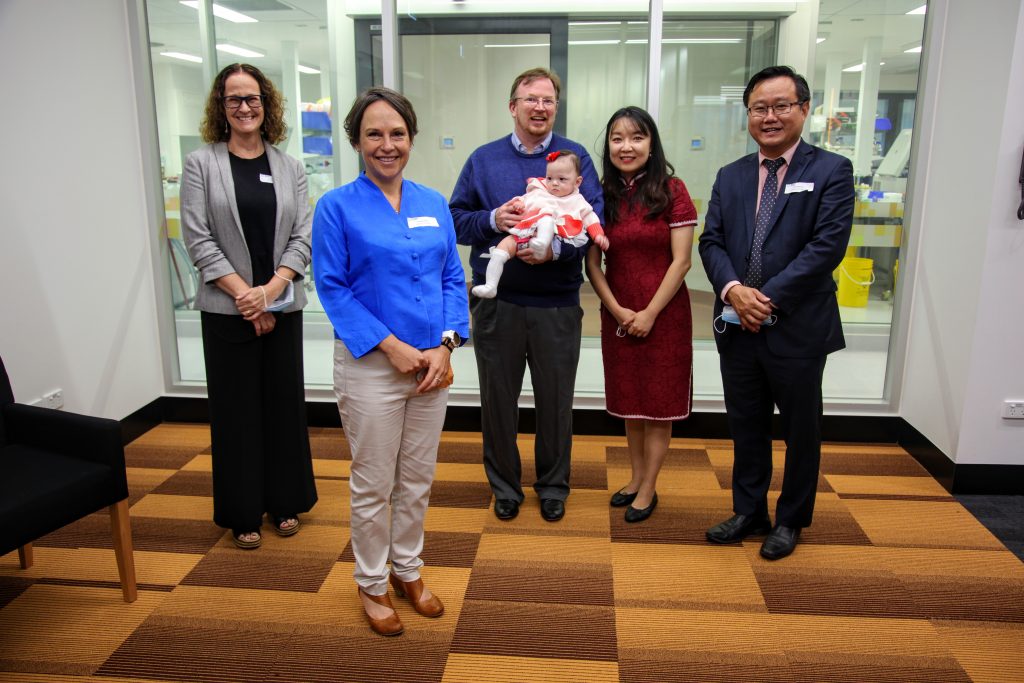 The Hon Jaala Pulford MP visits Hudson Institute with Director Prof Elizabeth Hartland and former Monash Health inflammation patient, baby Willow O'Brien.