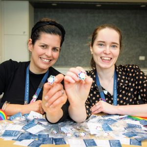 Dr Beth Allison and Dr Erin McGillick, pictured with AllyNetwork Hudson Institute rainbow pins promoting LGBTIQA+ in STEM.