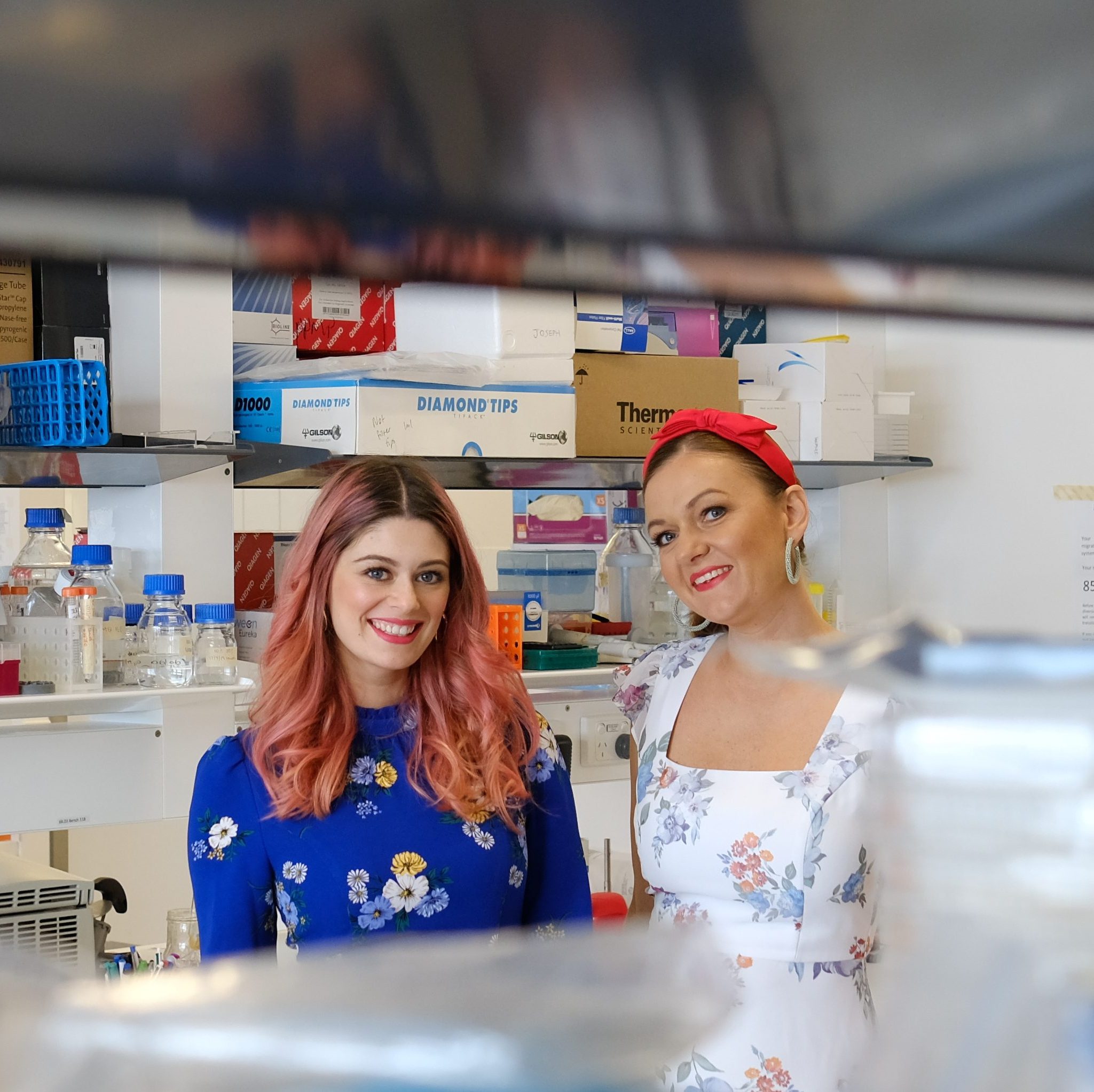 Dr Maree Bilandzic and Dr Amy Wilson frock up for the Frocktober campaign to raise funds and awareness for ovarian cancer research at Hudson Institute.