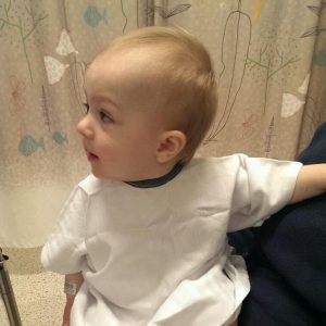 Neve at 11 months old on the day of her rare ovarian cancer surgery.