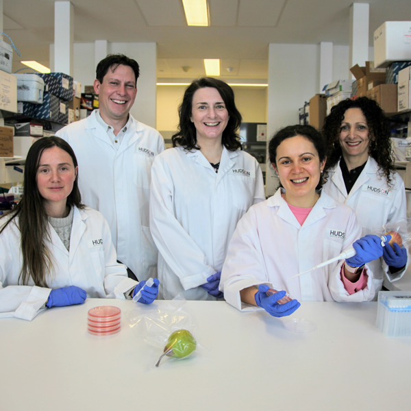 The team studying diet and microbiome  , (L-R): Tamblyn Thomason (Research assistant), A/Prof Sam Forster (Principal investigator), Dr Nicole Kellow (Principal investigator), Emma Saltzman (PhD student), Dr Marina Iacovou (Principal investigator)
