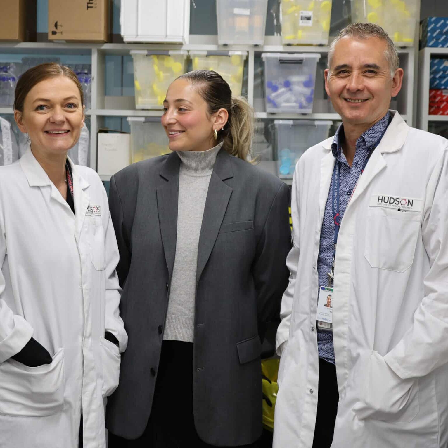 Dr Maree Bilandzic, Jessica Clark and Dr Simon Chu in the ovarian cancer research lab at Hudson Institute.