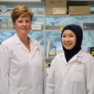 Michelle Tate and Sarah Rosli in the lab at Hudson Institute