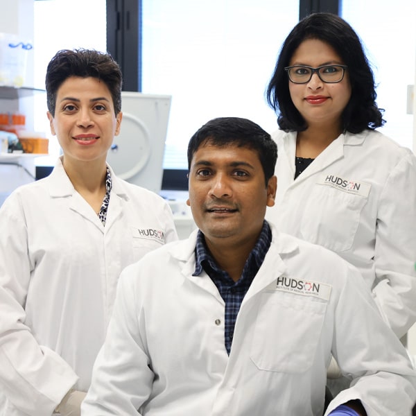 Dr Saeedeh Darzi, Dr Kallyanashis Paul, Dr Shayanti Mukherjee in the lab receiving an MRFF grant to work on a Pelvic organ prolapse cure
